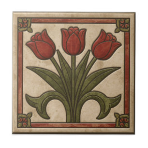 Carreau Frieze de style Mission Vintage Tulipe Rouge