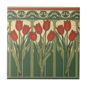 Carreau Frieze de tulipe rouge de style Mission vintage