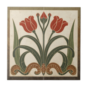 Carreau Frieze de tulipe rouge de style Mission vintage