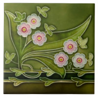 Frontière verte rose florale de Repro, antiquité T