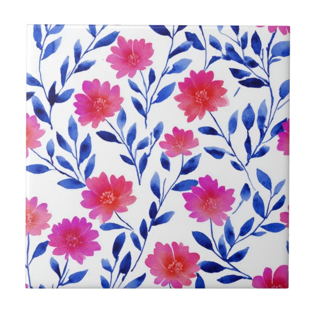Carreau Fuchsia Rose Chic Fleurs de Printemps Floral Aquar (Devant)