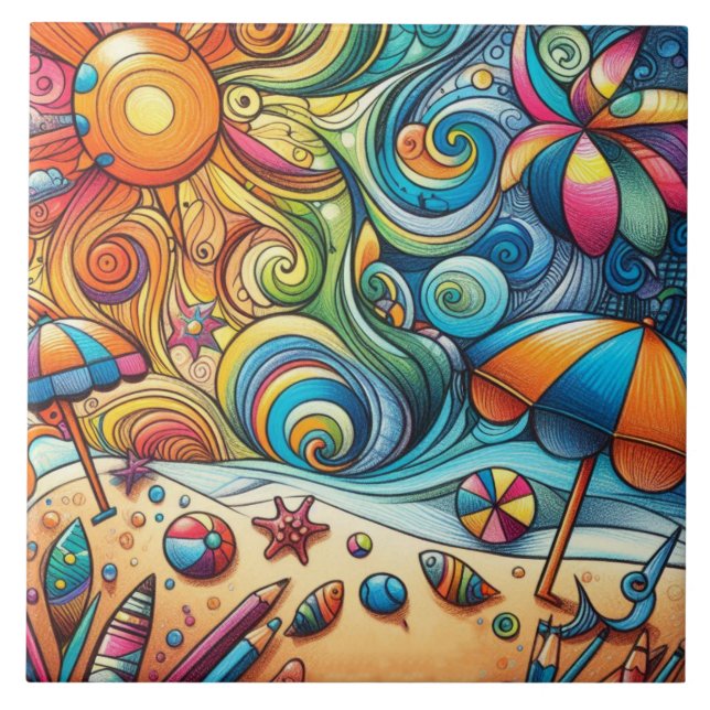CARREAU FUN COLORFUL SWIRLS BEACH SCENE (Devant)