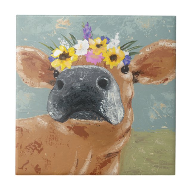 Carreau Fun de ferme - Vache avec couronne de fleurs (Devant)