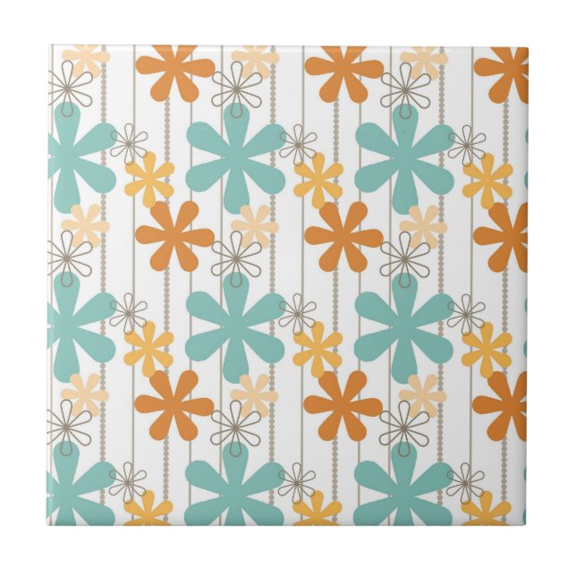 Carreau Fun Retro Floral Motif Orange Bleu Fleurs murales (Devant)