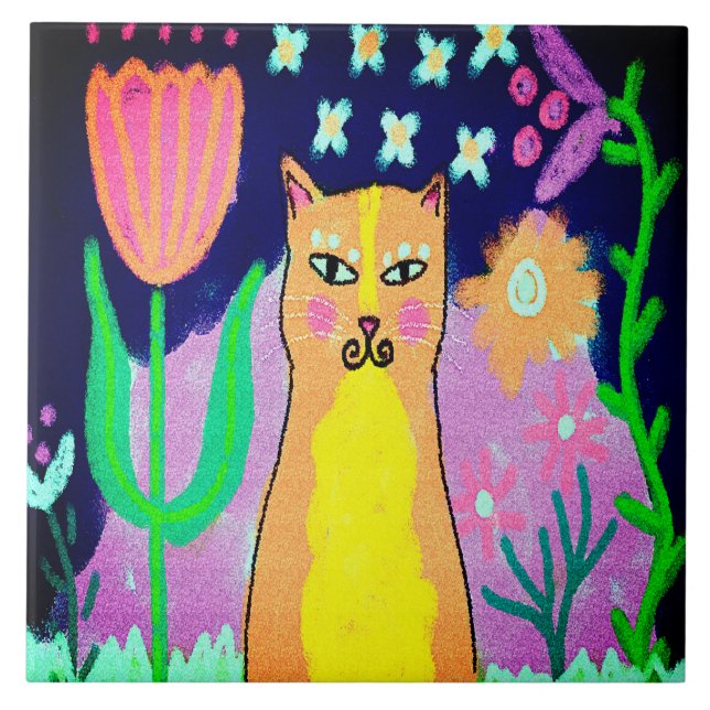 Carreau Funky Abstrait Digital Cat Art (Devant)