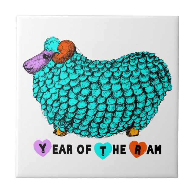 Carreau Funky Turquoise Ram Chinois Année Zodiac Tile (Devant)
