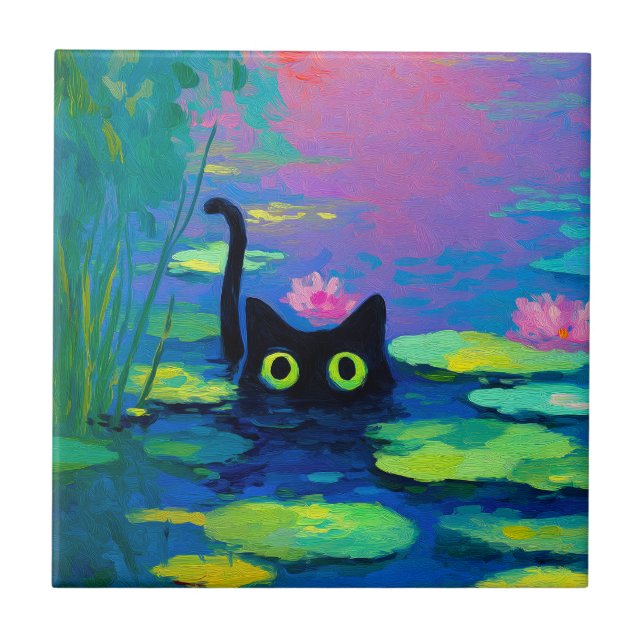 Carreau Funny Chat noir nager dans l'étang | L'art bizarre (Devant)