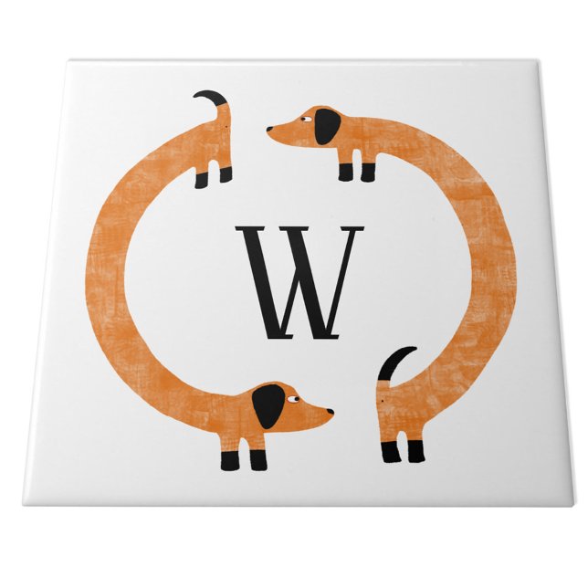 Carreau Funny Dachshund Saucisse Chien Monogramme (Funny Dachshund Wiener or Sausage Dog monogram ceramic tile)