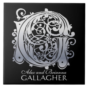 Carreau G Monogramme "Dentelle d'argent sur noir" avec Nom