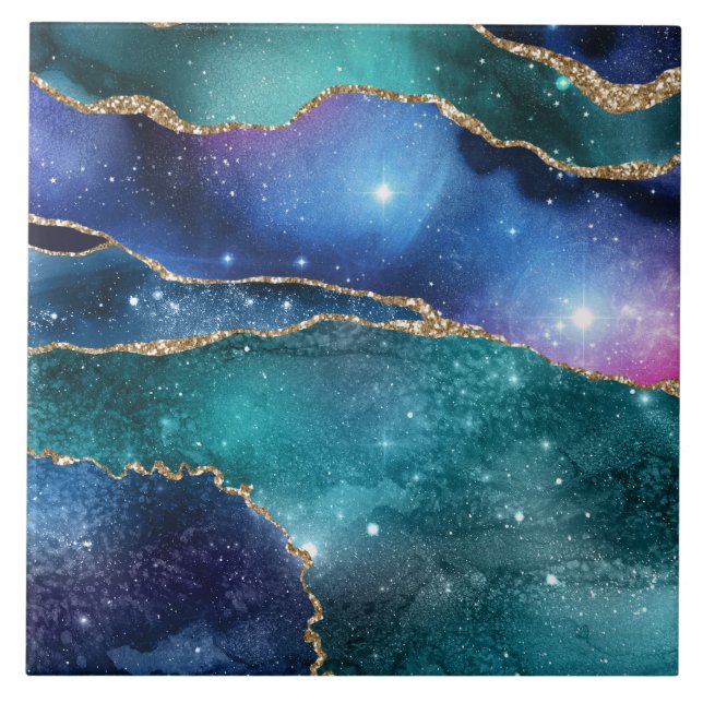 Carreau Galaxie verte bleue géode faux doré moderne (Devant)