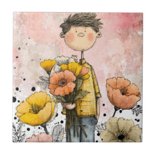 Carreau Garçon Fantaisiste Aquarelle avec Accents Floraux 