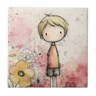 Carreau Garçon Fantaisiste Aquarelle avec Accents Floraux