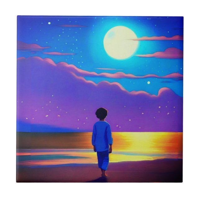 Carreau Garçon sur la plage, regardant la lune (Devant)