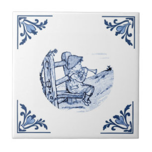 Carreau Garçon Vintage Joue de la Musique Trompette Delft
