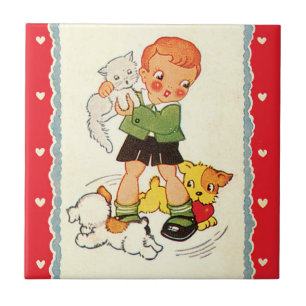 Carreau Garçon vintage sauvant un chaton de chiots de cour