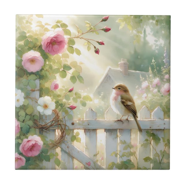 Carreau Garden Rose Bird Watercolor Scene (Devant)
