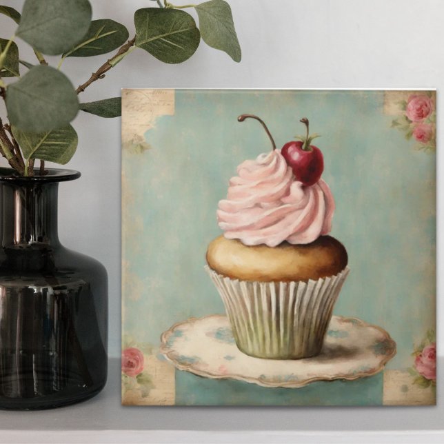 Carreau Gâteau cupcake rose pays de campagne français vint (Cottagecore Vintage French Country Pink Cupcake Ceramic Tile)