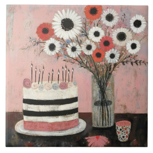 Carreau Gâteau d'anniversaire chic et fleurs de Gerbera