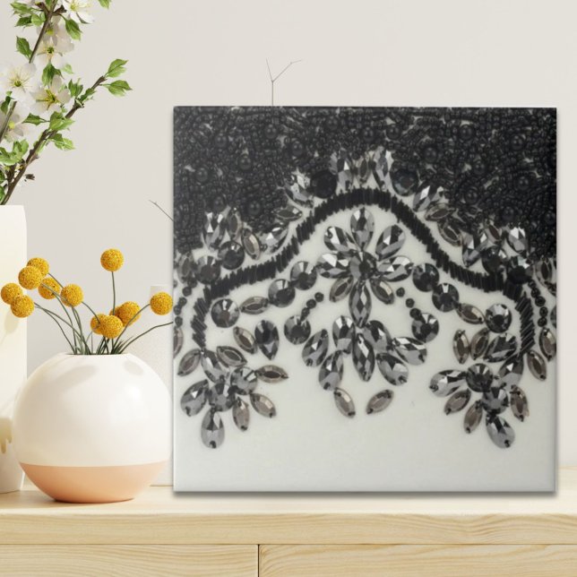 Carreau gatsby glamor chorale rhinestone noir blanc floral (Art Deco Glamorous Vintage Fashion Black White Fl Ceramic Tile)