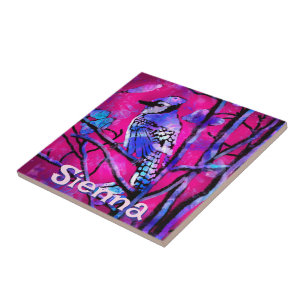 Carreau Geai bleu arbre branche rose personnalisé