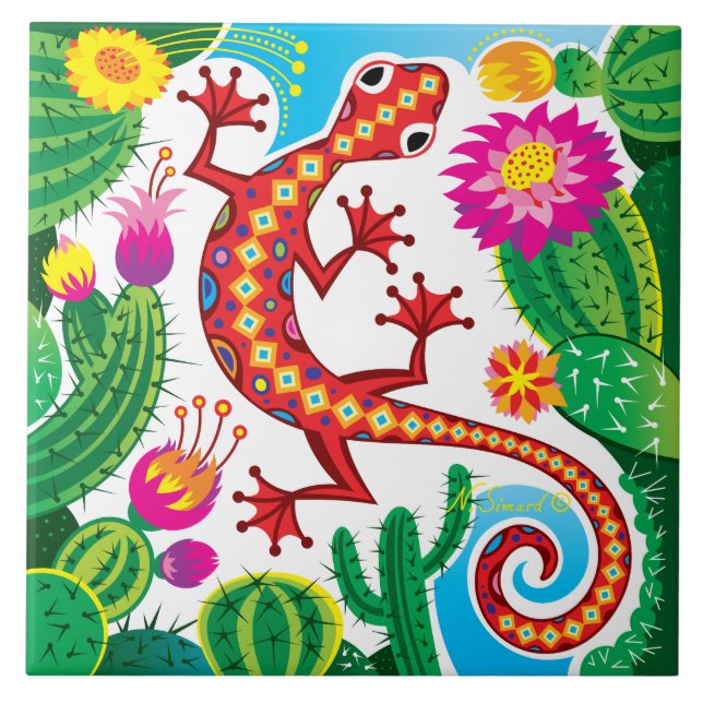 Carreau Gecko du Sud-Ouest avec Fleurs de Cactus (Devant)