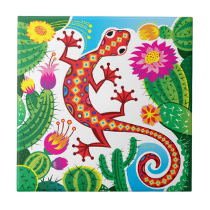 Carreau Gecko du Sud-Ouest avec Fleurs de Cactus