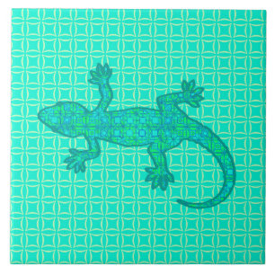Carreau Gecko tribal de batik - turquoise/paon