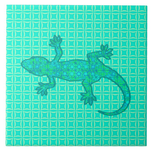 Carreau Gecko tribal de batik - turquoise/paon (Devant)