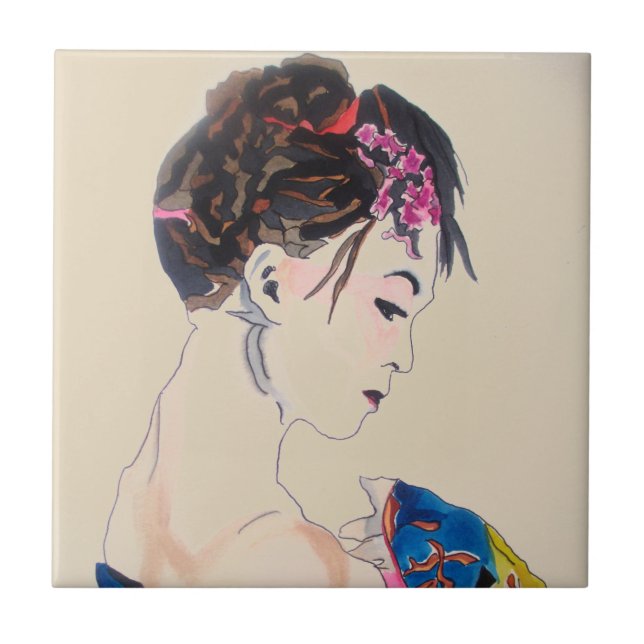 Carreau Geisha japonais avec kimono bleu (Devant)