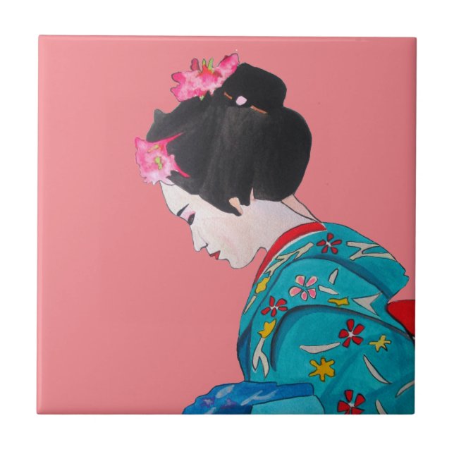 Carreau Geisha japonais mignon avec fleurs de cerisier ros (Devant)