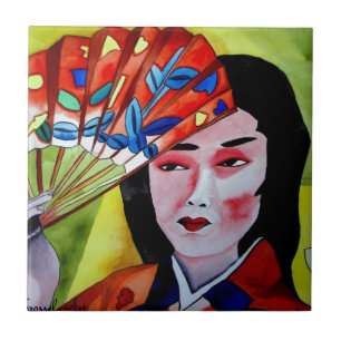 Carreau geisha japonaise avec ventilateur peinture d'art o