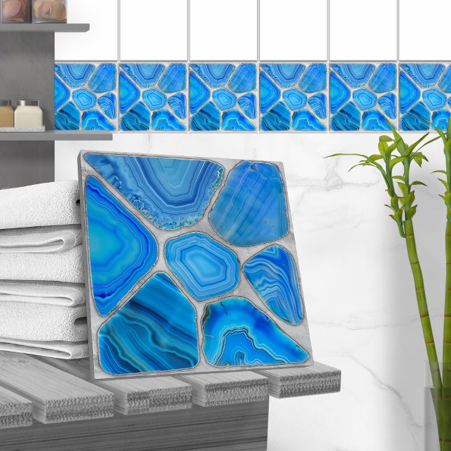 Carreau Géode Bleu Agate Mosaïque Fleur art (Créateur téléchargé)