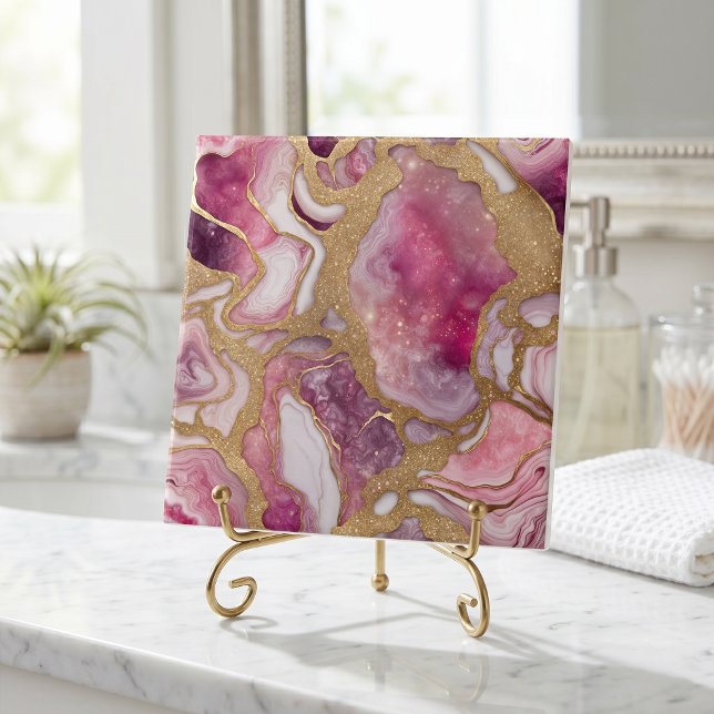 Carreau Géode d'agate rose et or en résine abstraite (Créateur téléchargé)