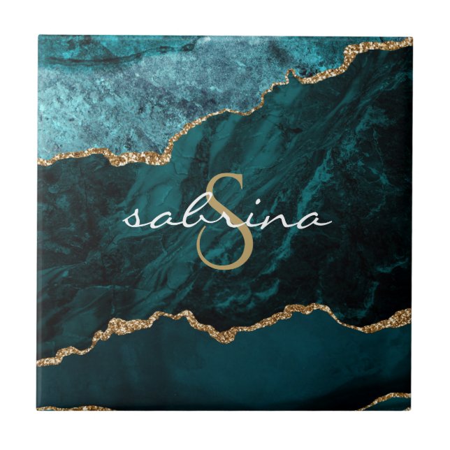 Carreau Géode d'âge d'or bleu Turquoise Monogramme (Devant)