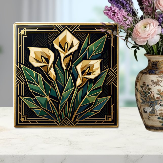 Carreau Geometric Calla Lily Art Deco Floral Gold Green  (Créateur téléchargé)