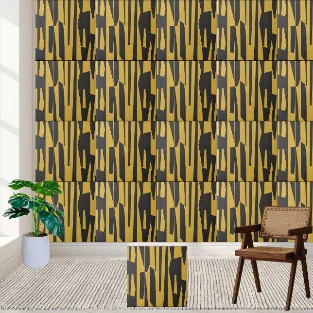 Carreau Géométrie Abstraite jaune et noire (Modern Abstract Yellow and Black Geometric Ceramic Tile)