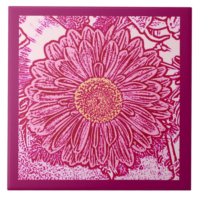Carreau Gerbera Daisy Block Imprimer, Maroon & Pastel rose (Devant)