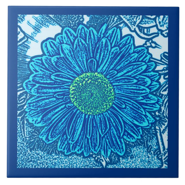 Carreau Gerbera Daisy Block Print, Cerulean & Indigo Blue  (Devant)