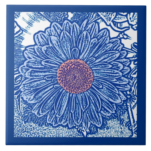 Carreau Gerbera Daisy Block Print, Cobalt et Sky Blue (Devant)