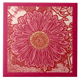 Carreau Gerbera Daisy Block Print, Coral and Peach