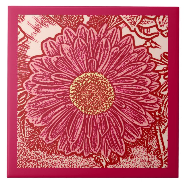 Carreau Gerbera Daisy Block Print, Coral and Peach (Devant)