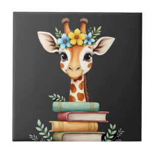 Carreau Girafe Mignonne Avec Livre Floral Bibliophile Bibl