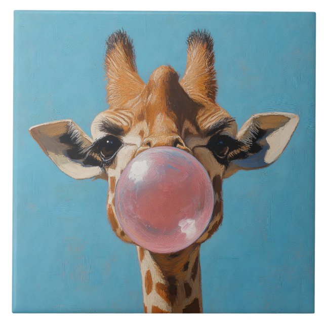 Carreau Girafe soufflant une bulle de bubble-gum rose (Devant)