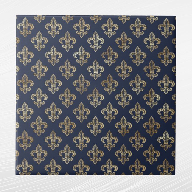 Carreau Glam Gold Fleur de Lis Navy Blue (Créateur téléchargé)