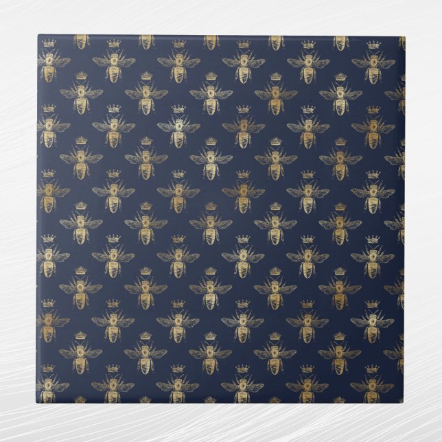 Carreau Glam Navy Blue Gold Bees Crown (Créateur téléchargé)