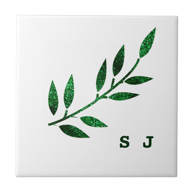Carreau Glitterie Emerald Green Leaf Monogramme Cadeau Fav (Devant)