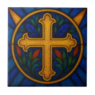 Carreau Gold Christian Cross Stained Glass Ceramic Tile