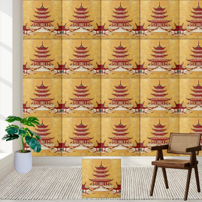Carreau Gold Floral Asiatique Temple Chinoiserie Pagoda Ca (Gold Floral Asian Temple Chinoiserie Pagoda Tile)