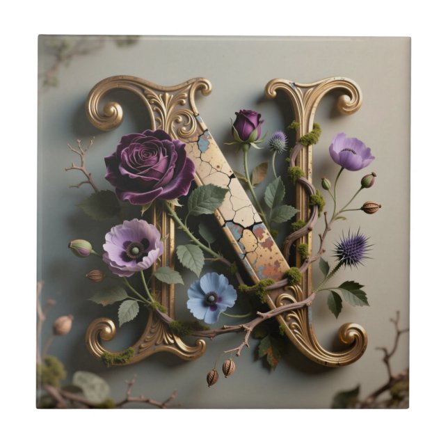 Carreau Gold Floral Patina Letter N Monogram (Devant)