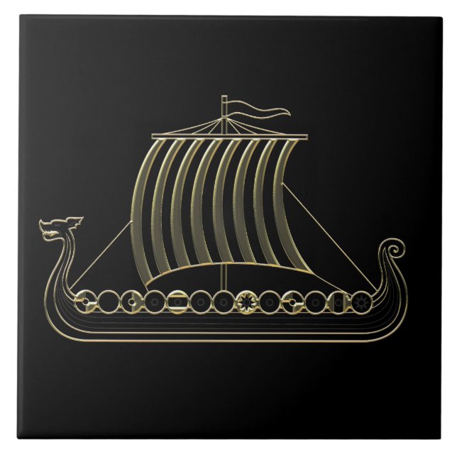 Carreau Gold Metallic Outline of Viking Longboat Tile (Devant)